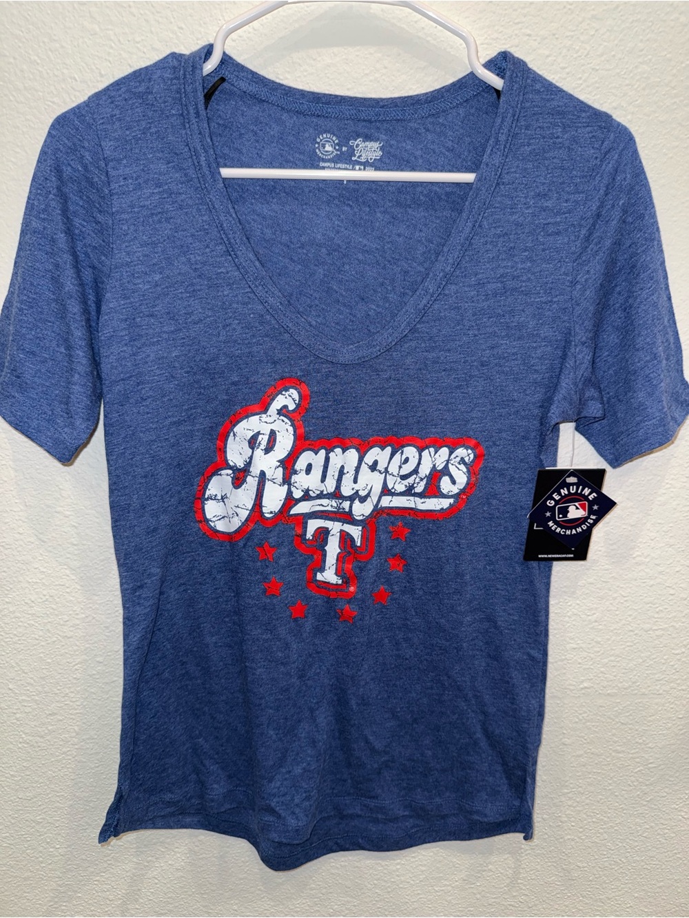 Genuine Merchandise Texas Rangers Blue V-Neck Tee with Red Accent Graphic